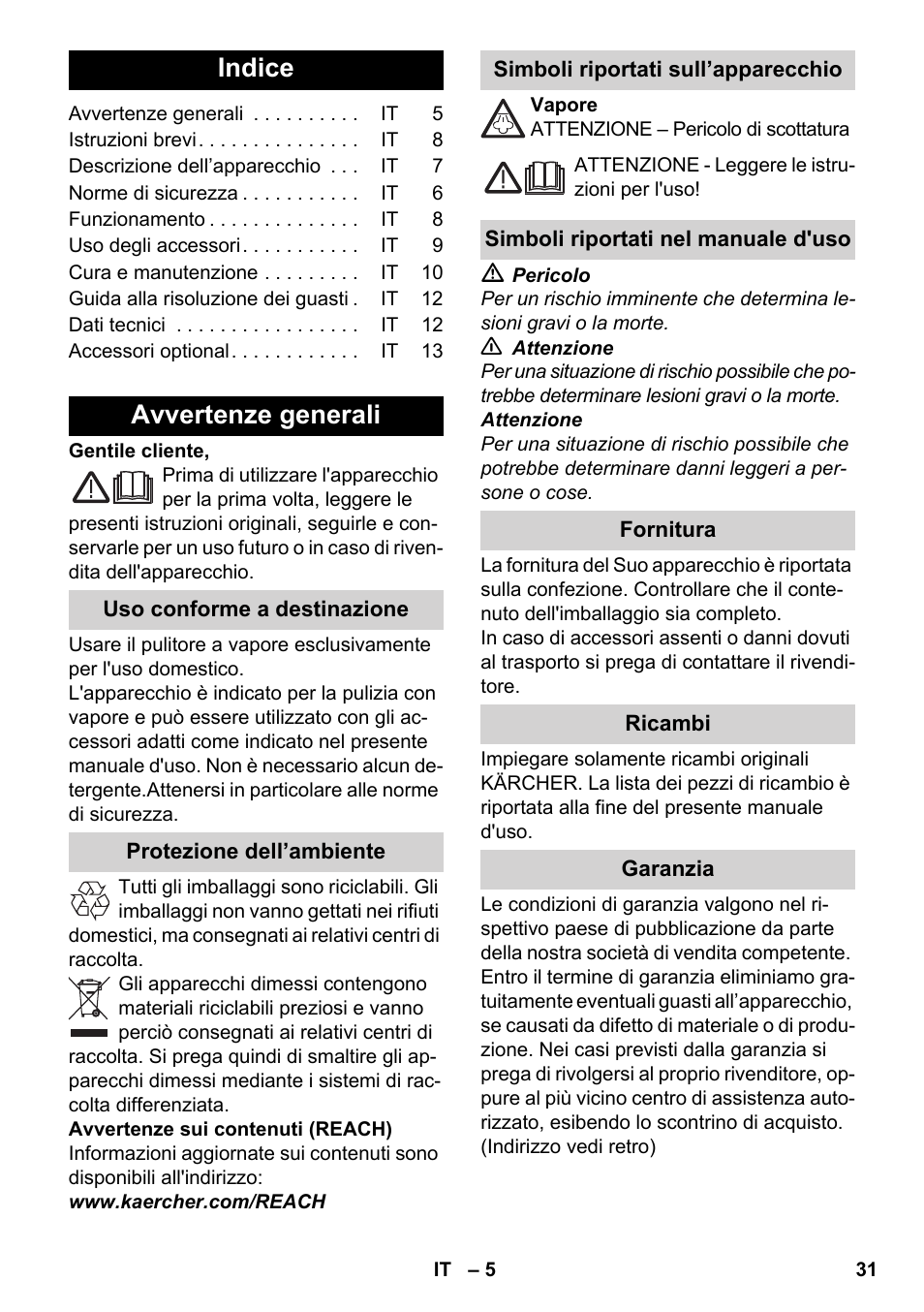 Italiano, Indice, Avvertenze generali | Karcher SC 2-500 C User Manual | Page 31 / 254