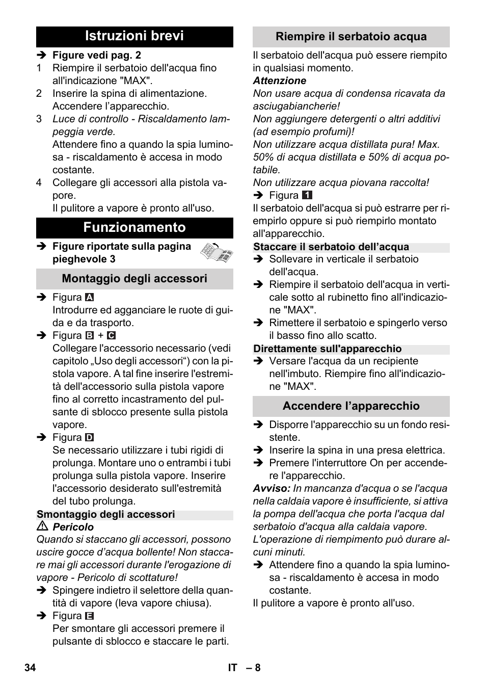 Istruzioni brevi funzionamento | Karcher SC 2-500 C User Manual | Page 34 / 254