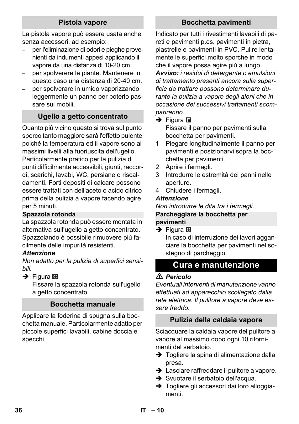 Cura e manutenzione | Karcher SC 2-500 C User Manual | Page 36 / 254
