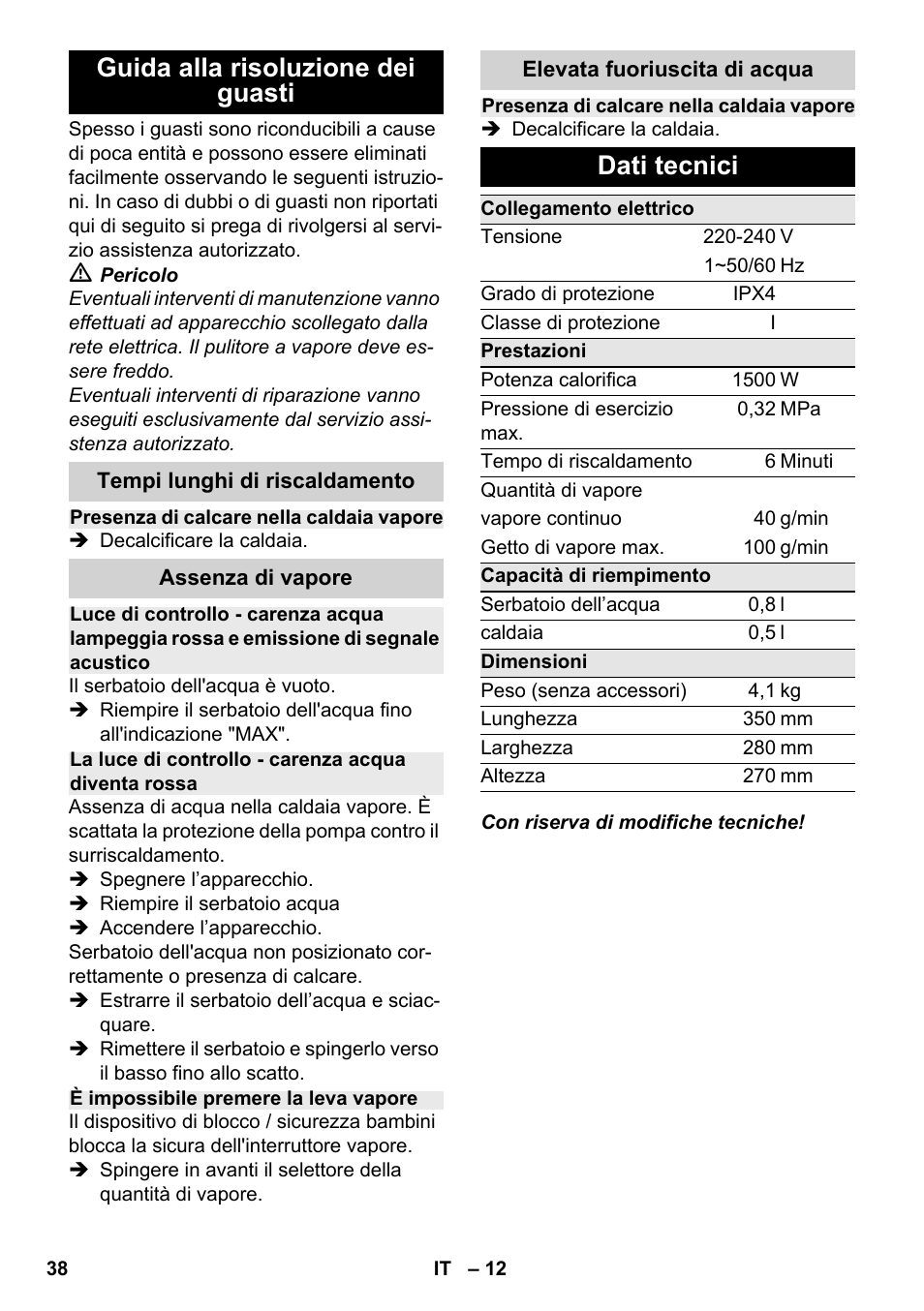 Guida alla risoluzione dei guasti, Dati tecnici | Karcher SC 2-500 C User Manual | Page 38 / 254