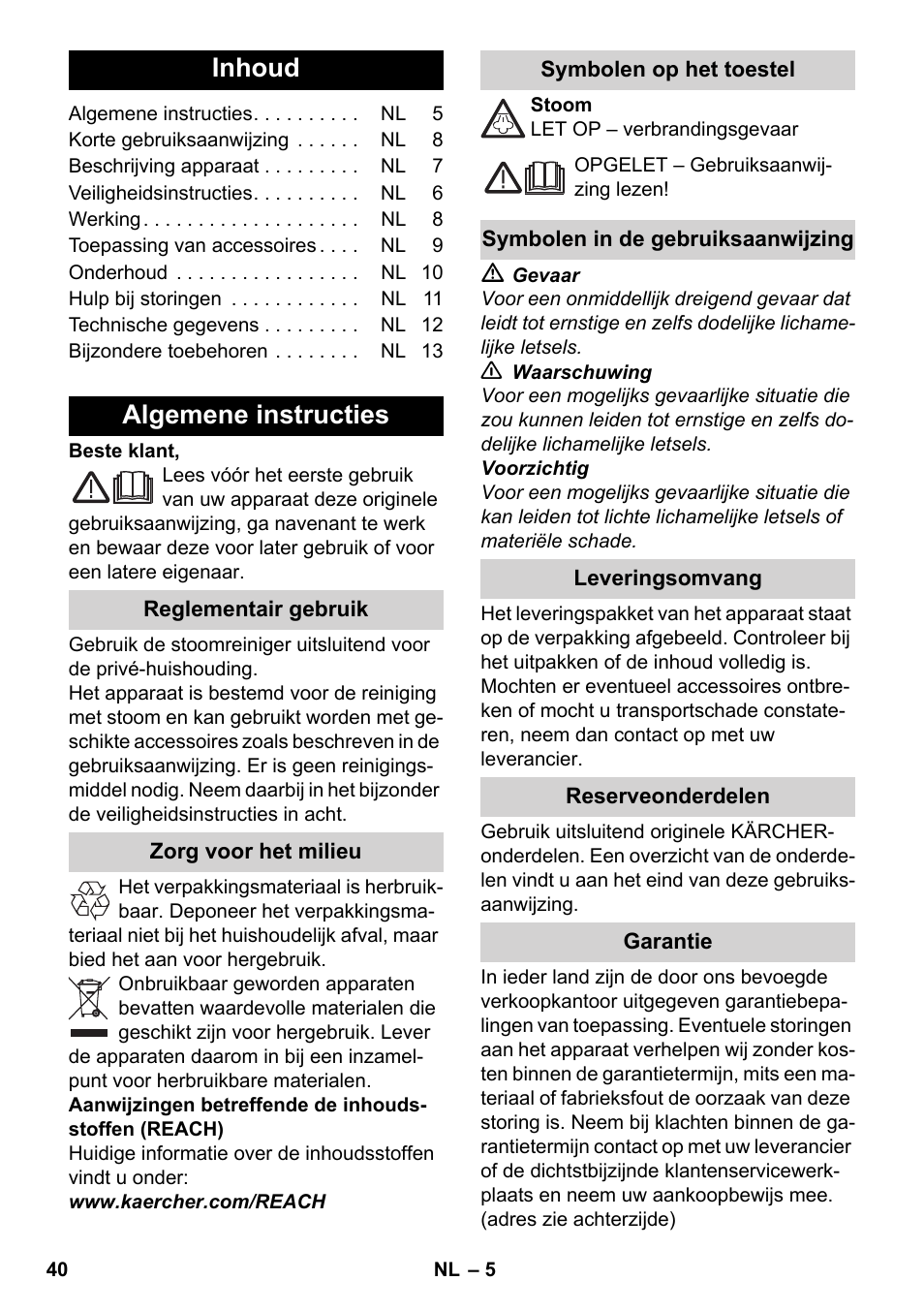 Nederlands, Inhoud, Algemene instructies | Karcher SC 2-500 C User Manual | Page 40 / 254