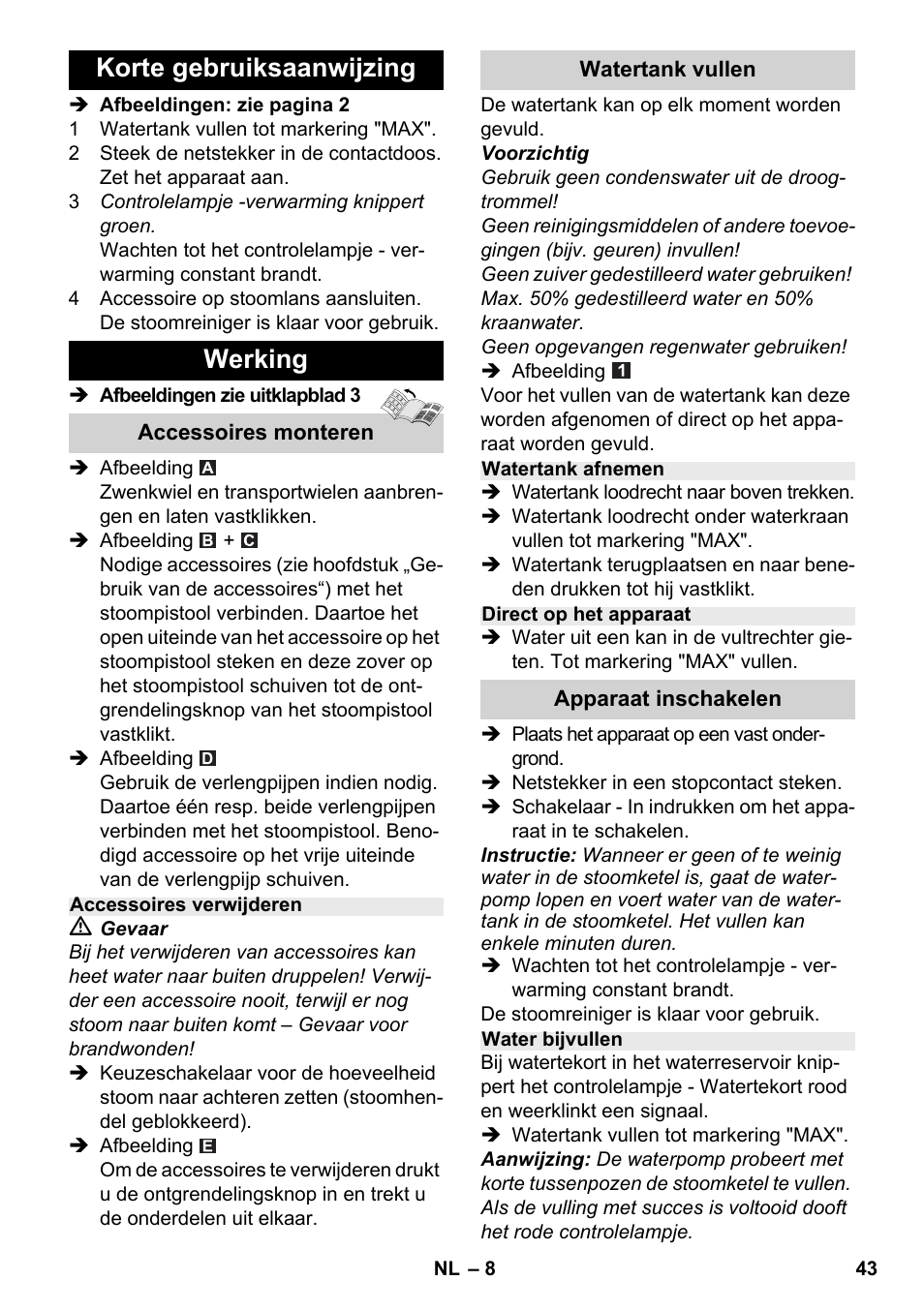 Korte gebruiksaanwijzing werking | Karcher SC 2-500 C User Manual | Page 43 / 254