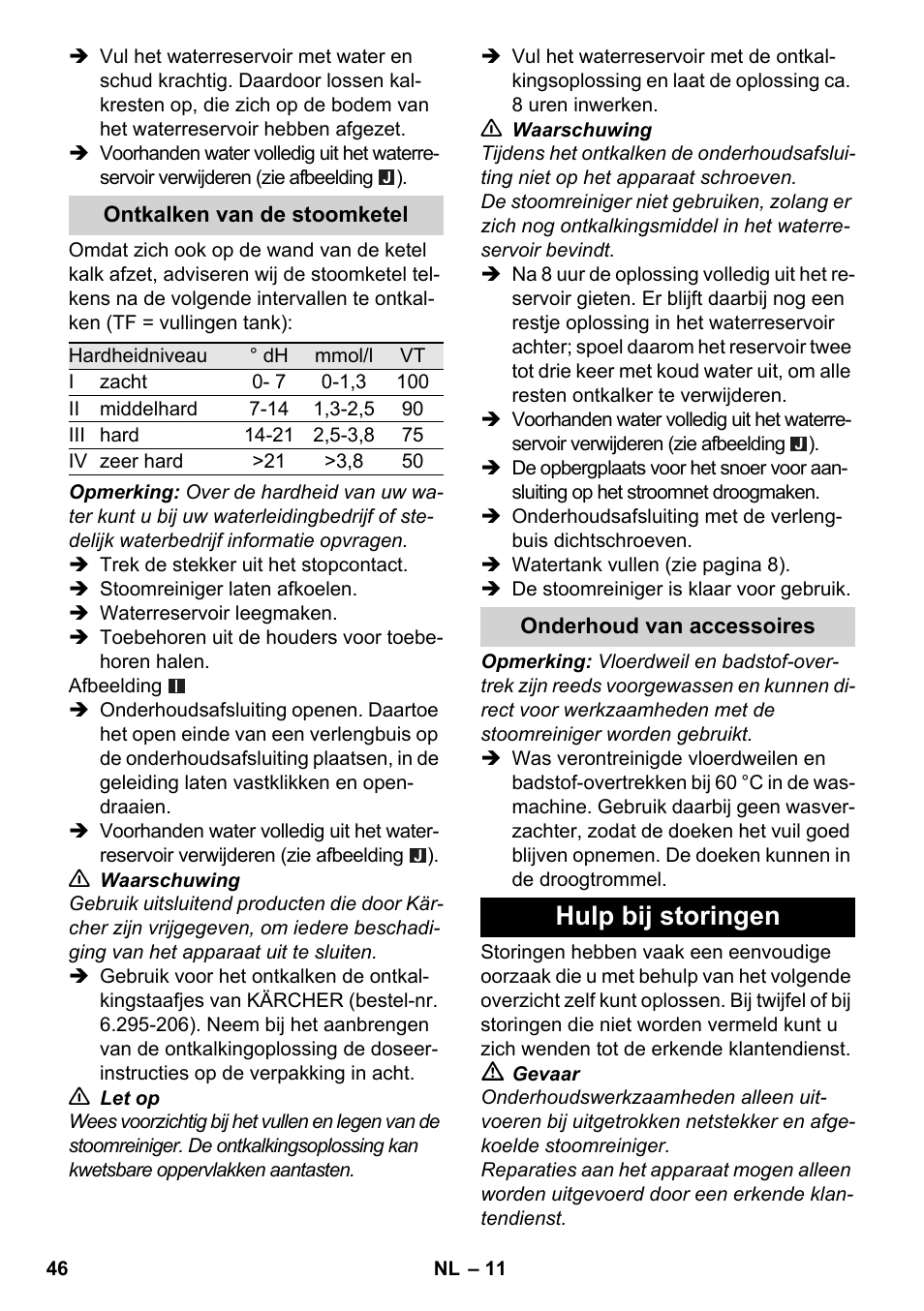 Hulp bij storingen | Karcher SC 2-500 C User Manual | Page 46 / 254