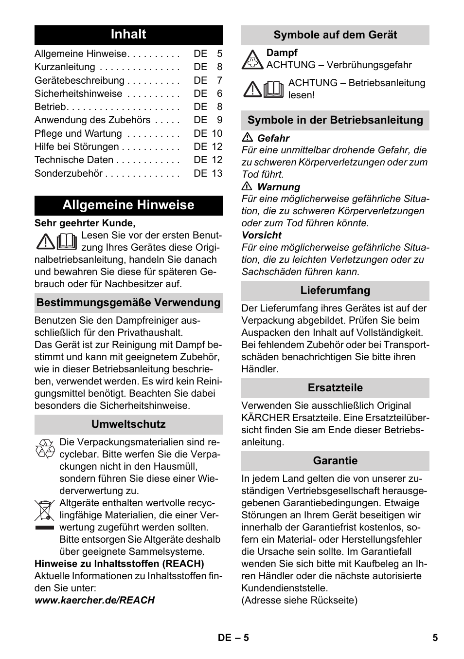 Deutsch, Inhalt, Allgemeine hinweise | Karcher SC 2-500 C User Manual | Page 5 / 254