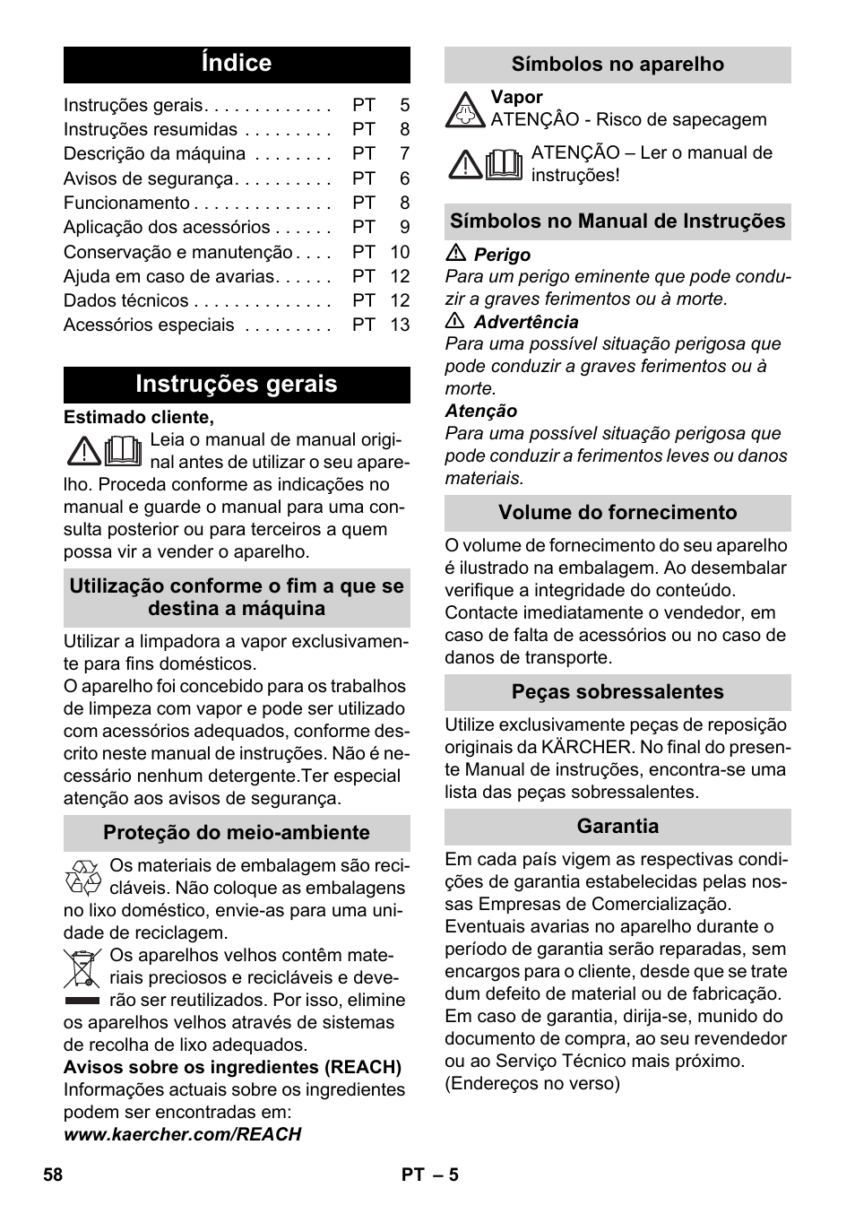 Português, Índice, Instruções gerais | Karcher SC 2-500 C User Manual | Page 58 / 254