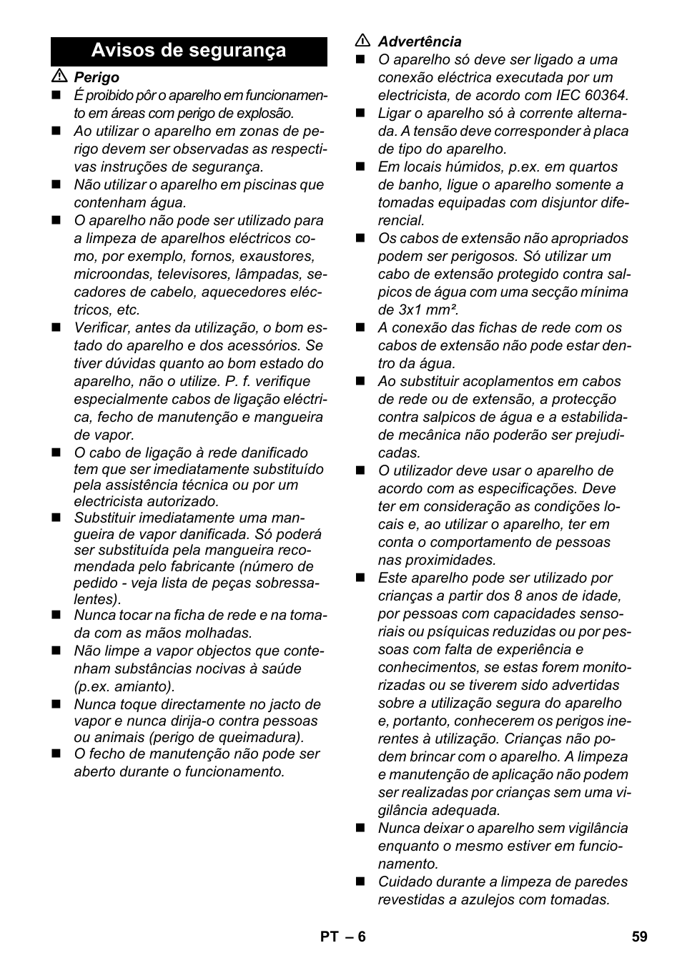 Avisos de segurança | Karcher SC 2-500 C User Manual | Page 59 / 254