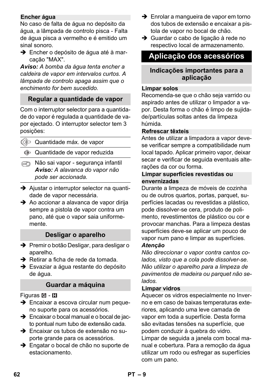 Aplicação dos acessórios | Karcher SC 2-500 C User Manual | Page 62 / 254