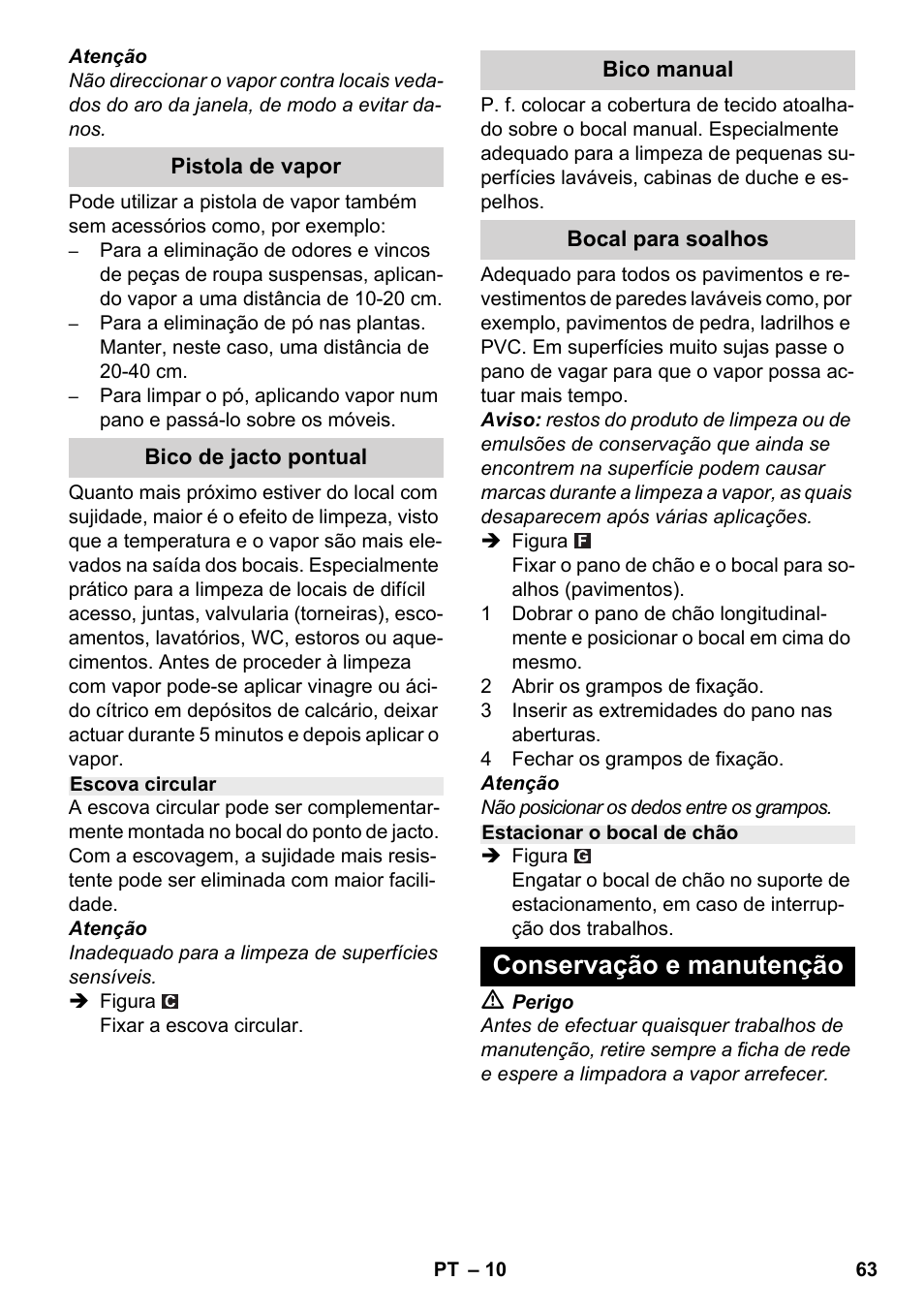Conservação e manutenção | Karcher SC 2-500 C User Manual | Page 63 / 254
