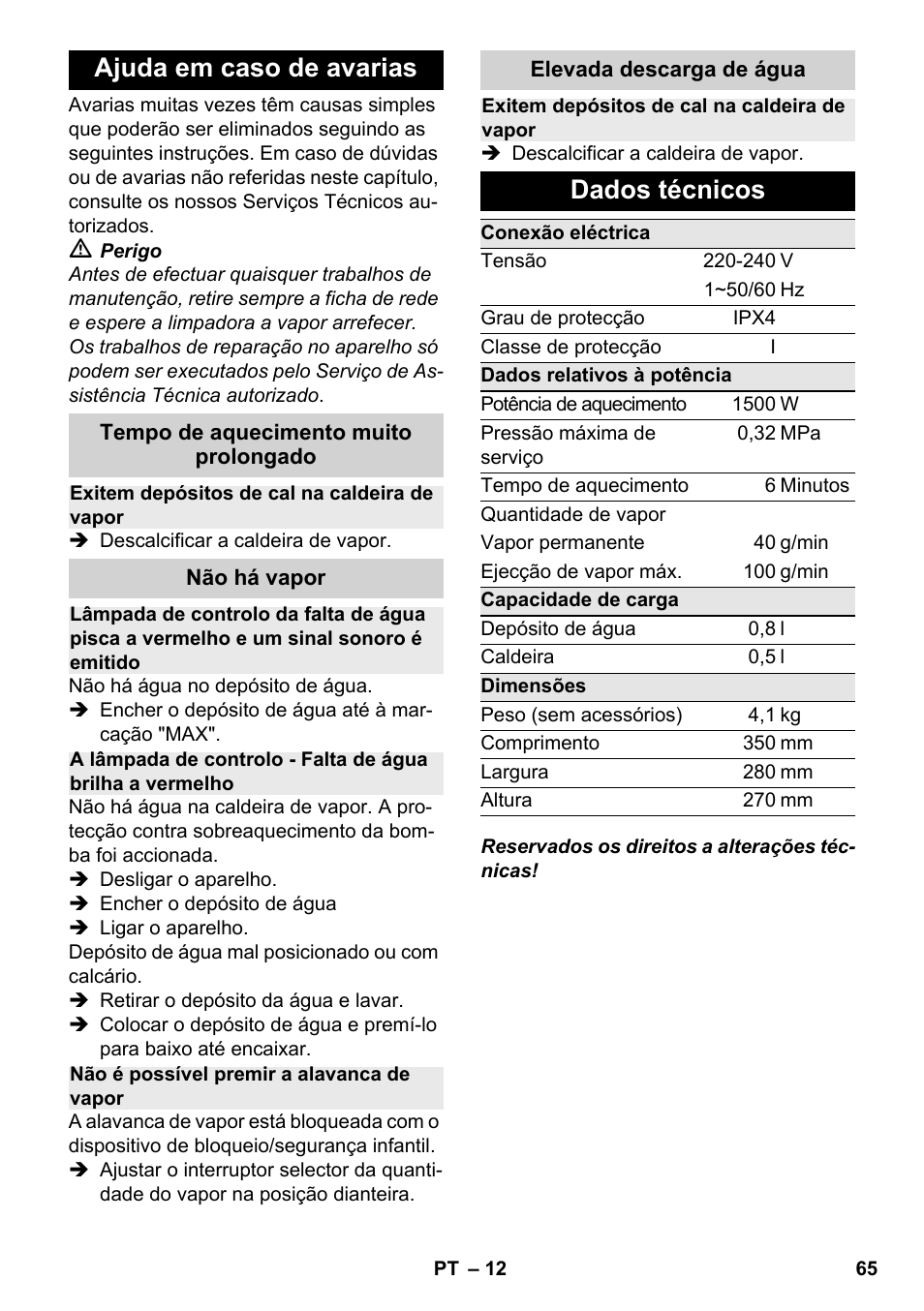 Ajuda em caso de avarias, Dados técnicos | Karcher SC 2-500 C User Manual | Page 65 / 254