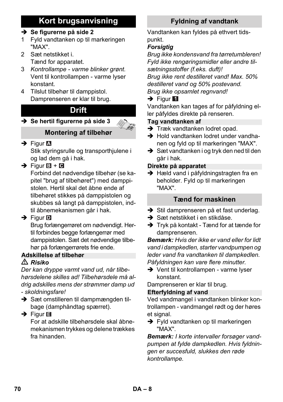 Kort brugsanvisning drift | Karcher SC 2-500 C User Manual | Page 70 / 254