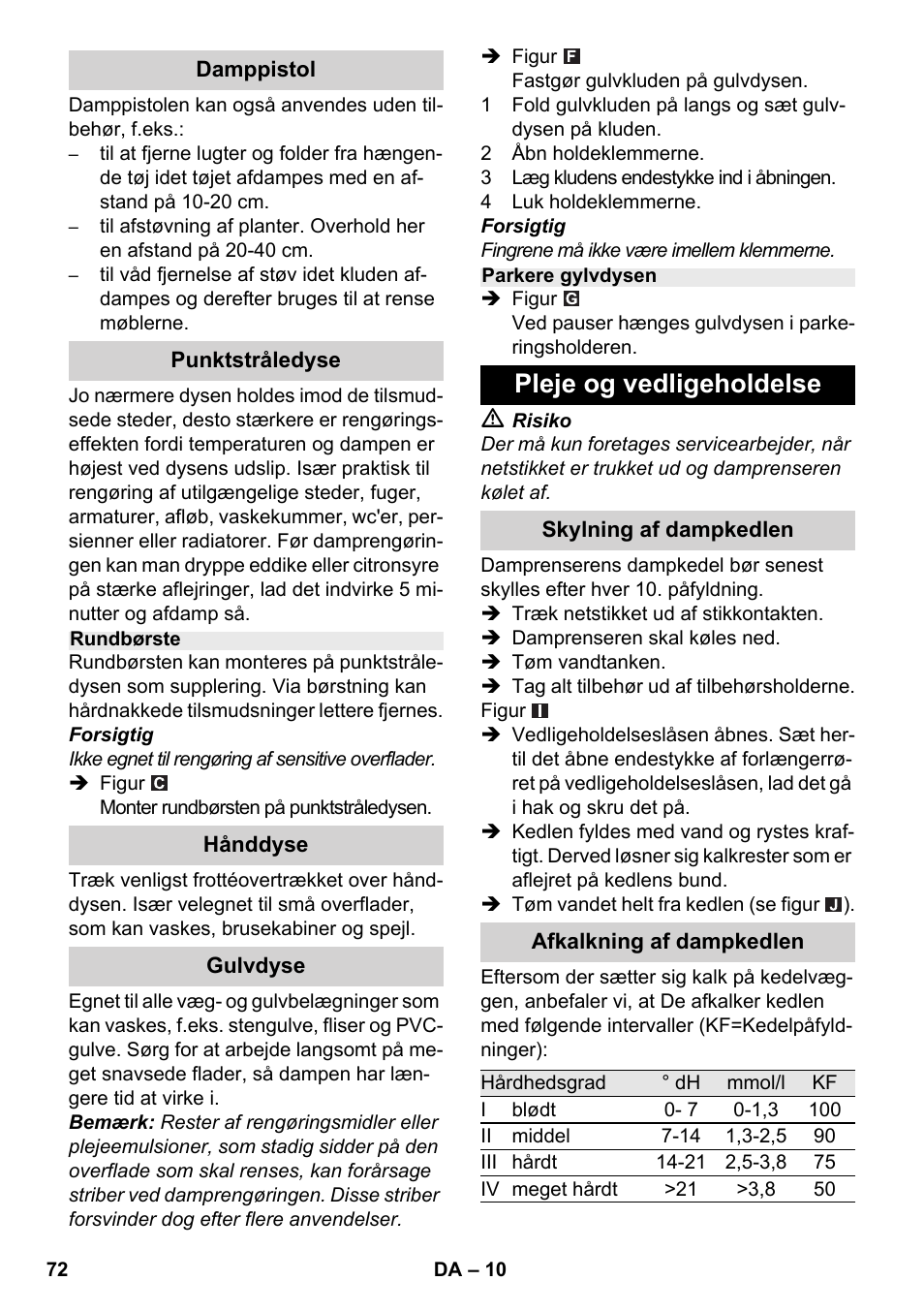 Pleje og vedligeholdelse | Karcher SC 2-500 C User Manual | Page 72 / 254