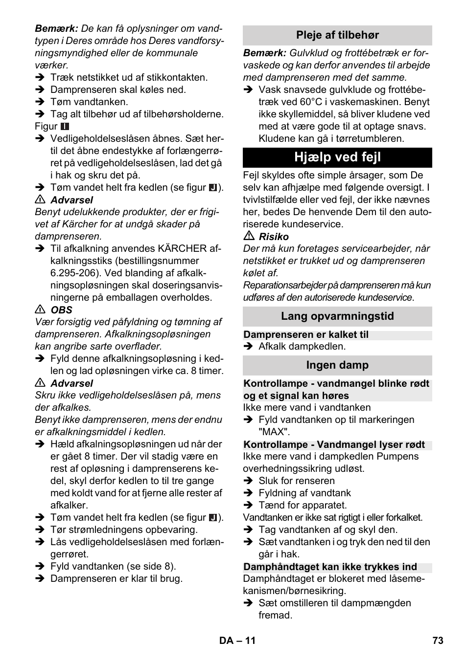 Hjælp ved fejl | Karcher SC 2-500 C User Manual | Page 73 / 254