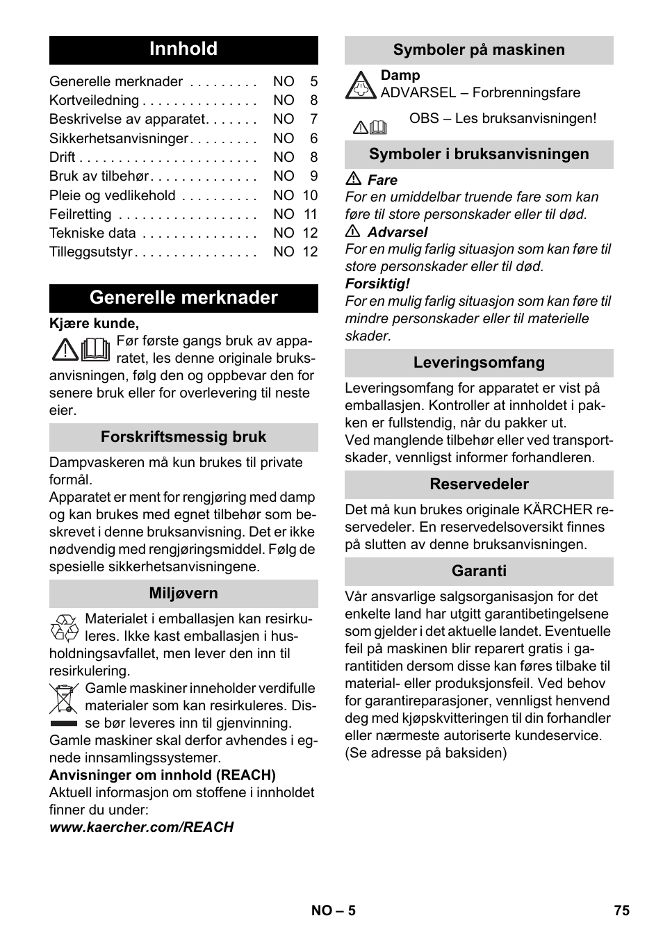 Norsk, Innhold, Generelle merknader | Karcher SC 2-500 C User Manual | Page 75 / 254