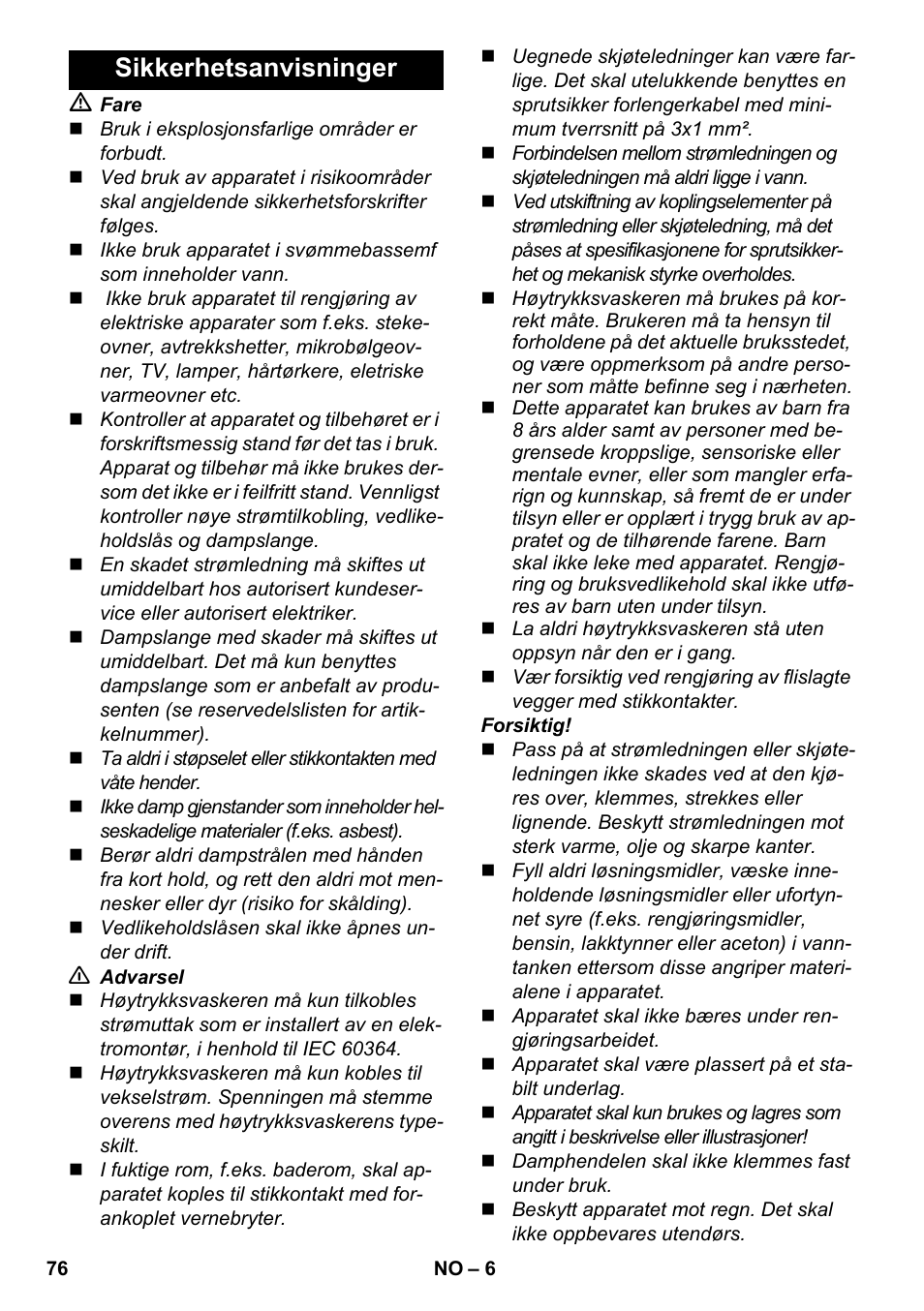 Sikkerhetsanvisninger | Karcher SC 2-500 C User Manual | Page 76 / 254