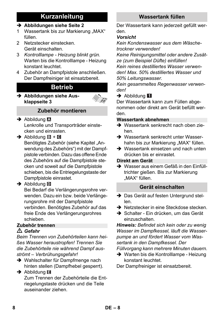 Kurzanleitung betrieb | Karcher SC 2-500 C User Manual | Page 8 / 254