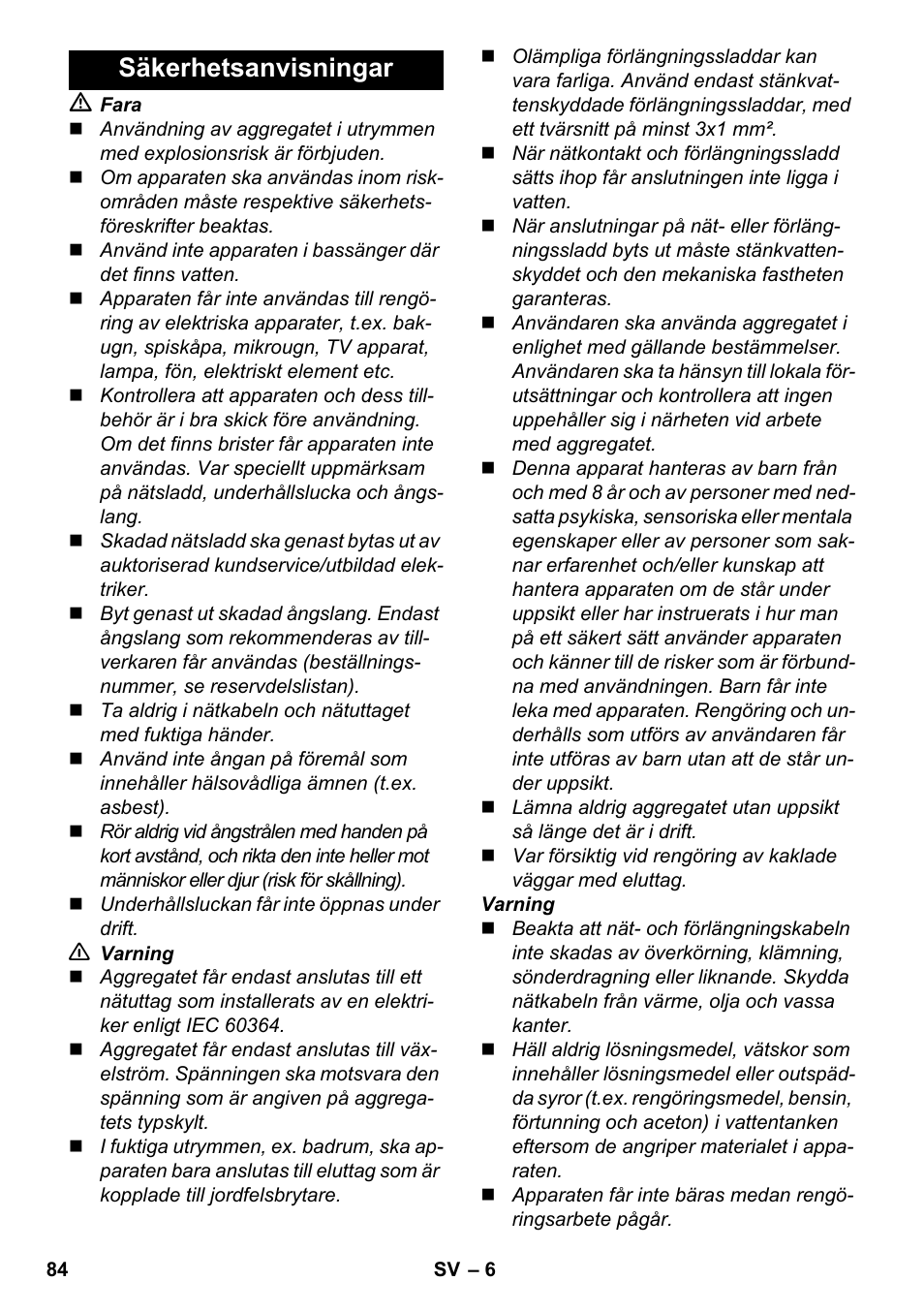 Säkerhetsanvisningar | Karcher SC 2-500 C User Manual | Page 84 / 254