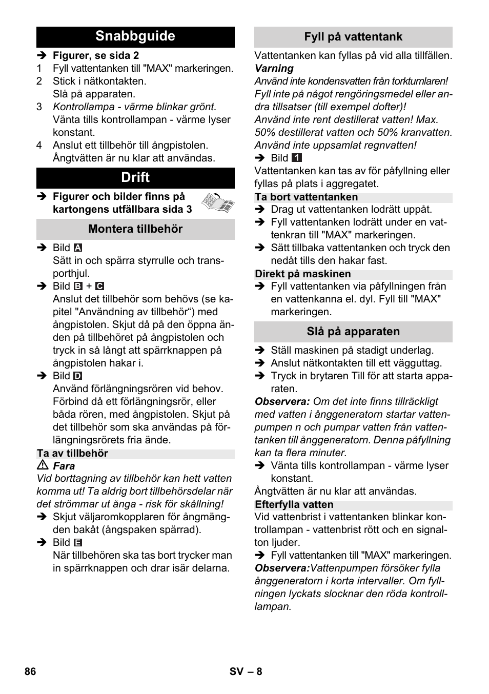 Snabbguide drift | Karcher SC 2-500 C User Manual | Page 86 / 254