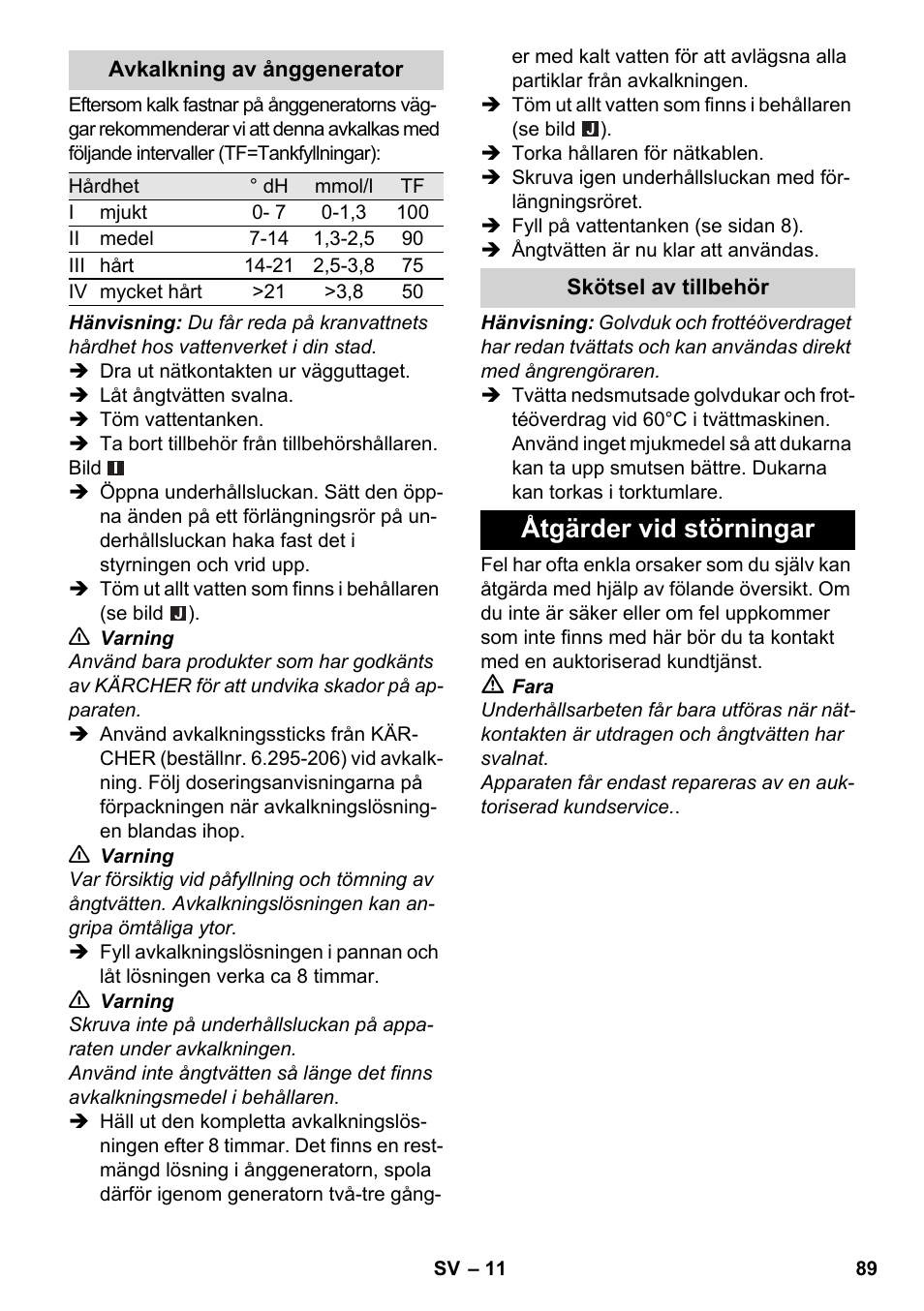 Åtgärder vid störningar | Karcher SC 2-500 C User Manual | Page 89 / 254