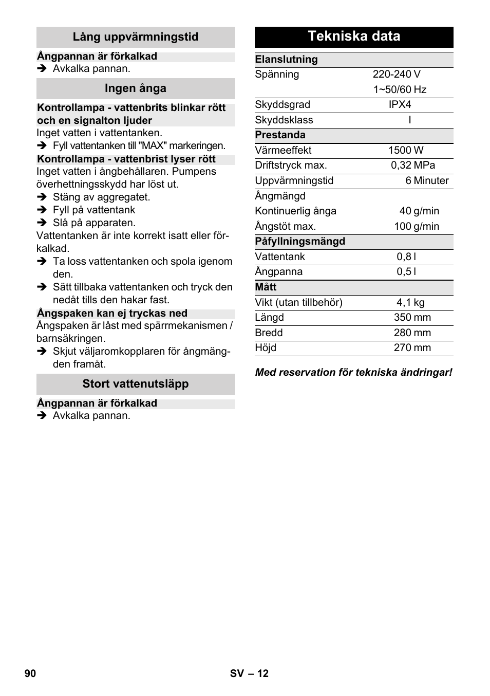 Tekniska data | Karcher SC 2-500 C User Manual | Page 90 / 254