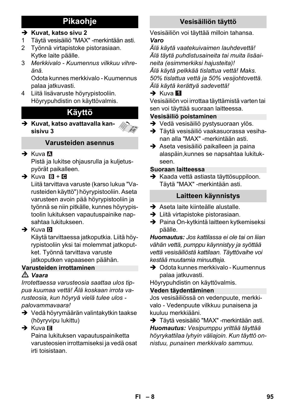 Pikaohje käyttö | Karcher SC 2-500 C User Manual | Page 95 / 254