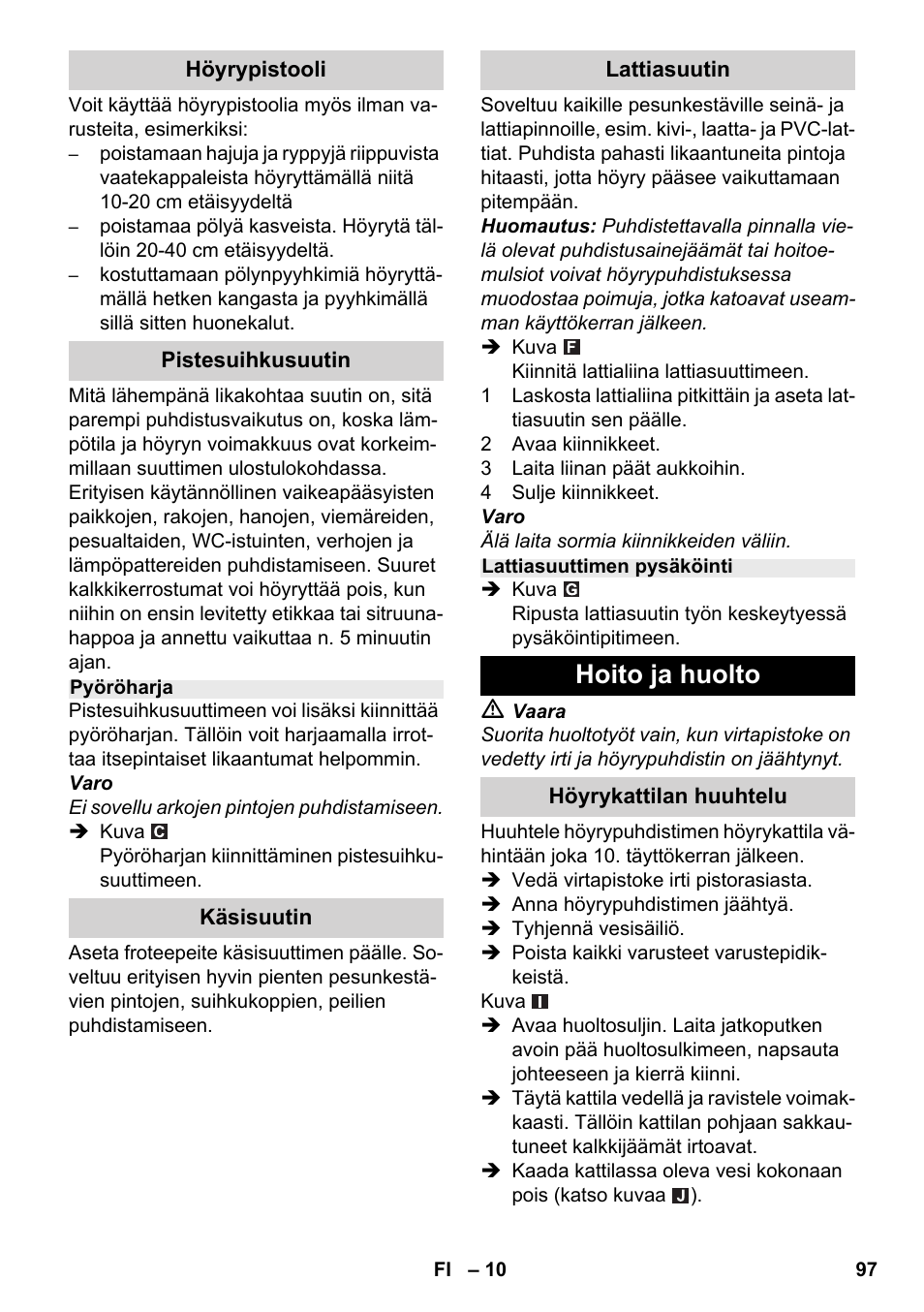 Hoito ja huolto | Karcher SC 2-500 C User Manual | Page 97 / 254