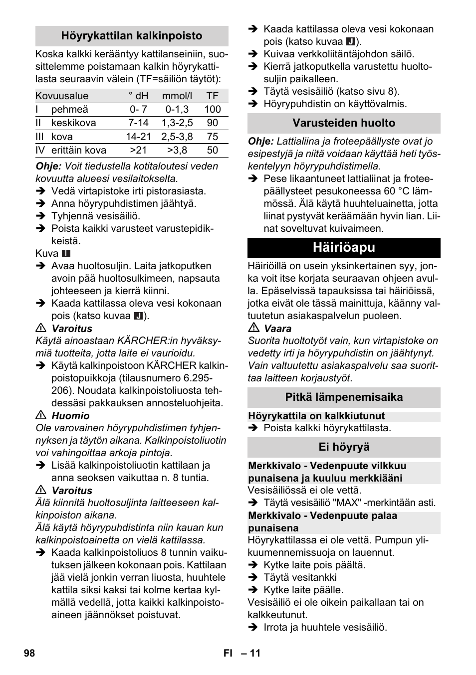 Häiriöapu | Karcher SC 2-500 C User Manual | Page 98 / 254