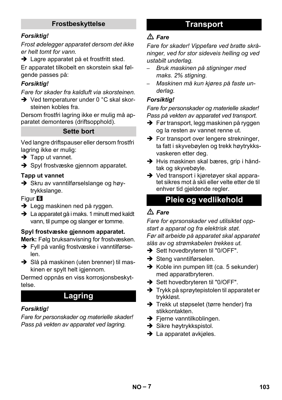 Lagring transport pleie og vedlikehold | Karcher HDS 5-11 UX User Manual | Page 103 / 312