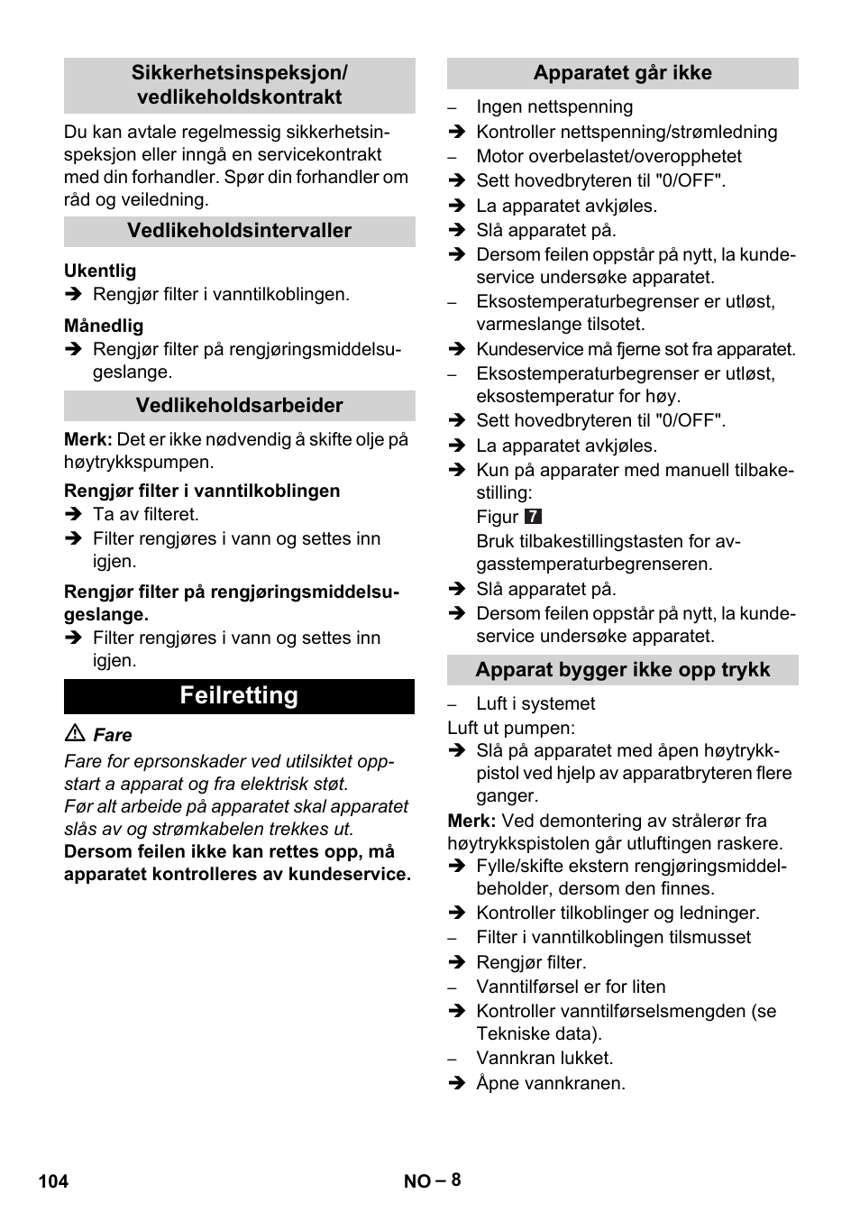 Feilretting | Karcher HDS 5-11 UX User Manual | Page 104 / 312