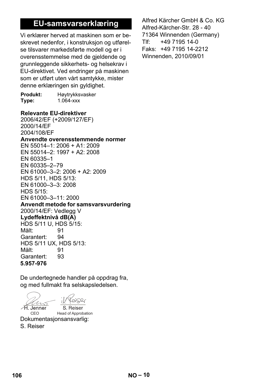 Eu-samsvarserklæring | Karcher HDS 5-11 UX User Manual | Page 106 / 312