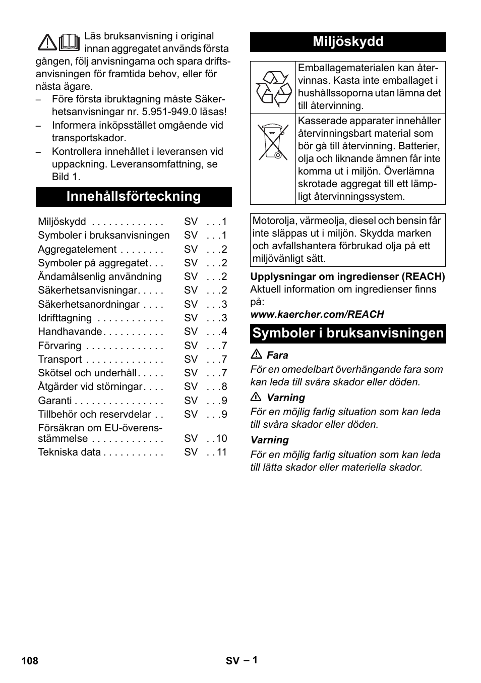 Svenska, Innehållsförteckning, Miljöskydd | Symboler i bruksanvisningen | Karcher HDS 5-11 UX User Manual | Page 108 / 312