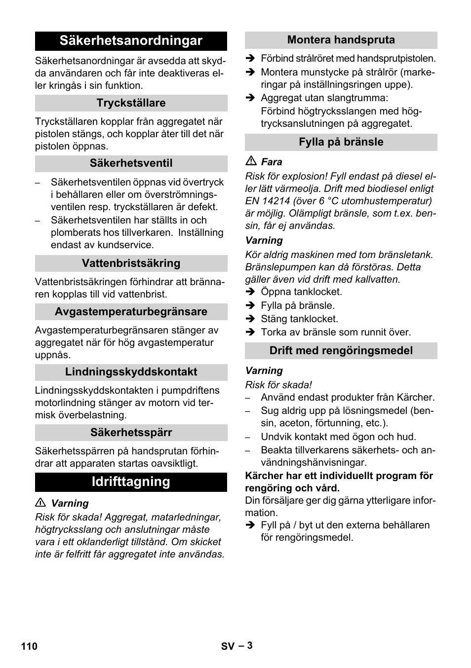 Säkerhetsanordningar, Idrifttagning | Karcher HDS 5-11 UX User Manual | Page 110 / 312