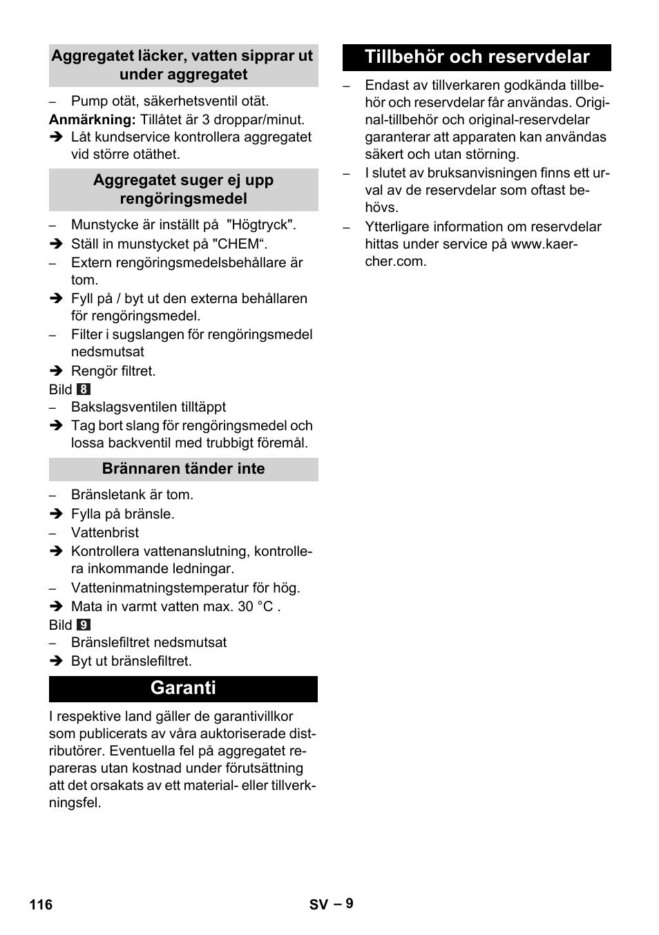 Garanti tillbehör och reservdelar | Karcher HDS 5-11 UX User Manual | Page 116 / 312