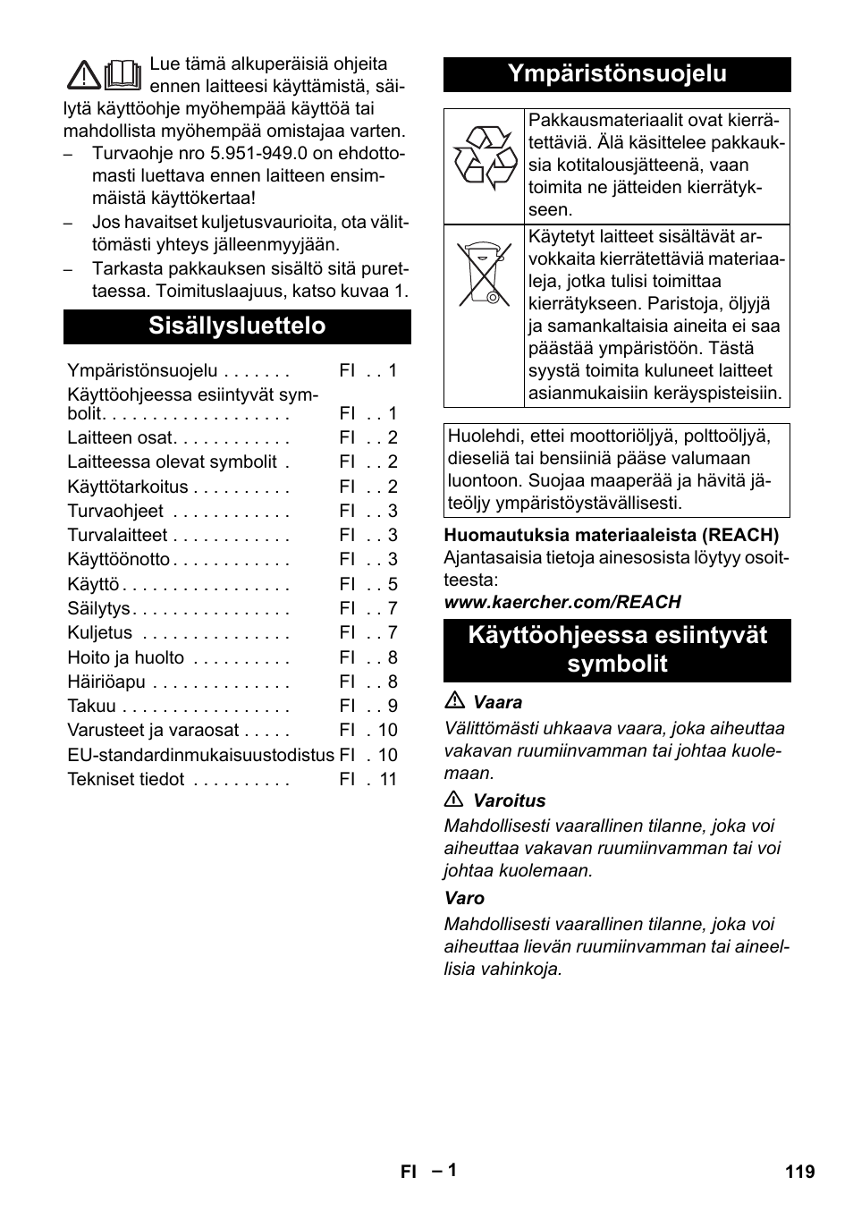 Suomi, Sisällysluettelo, Ympäristönsuojelu | Käyttöohjeessa esiintyvät symbolit | Karcher HDS 5-11 UX User Manual | Page 119 / 312