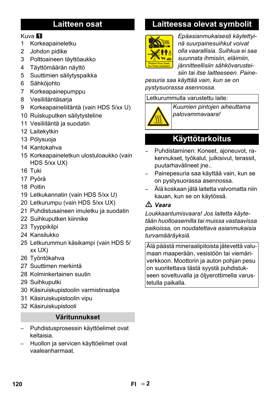 Laitteen osat, Laitteessa olevat symbolit, Käyttötarkoitus | Karcher HDS 5-11 UX User Manual | Page 120 / 312