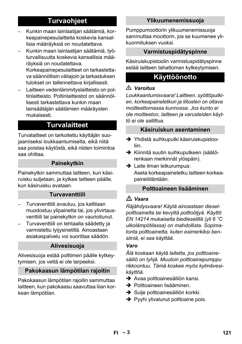 Turvaohjeet turvalaitteet, Käyttöönotto | Karcher HDS 5-11 UX User Manual | Page 121 / 312