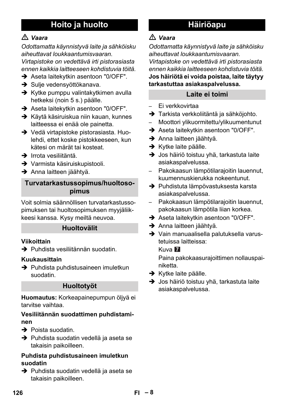 Hoito ja huolto, Häiriöapu | Karcher HDS 5-11 UX User Manual | Page 126 / 312