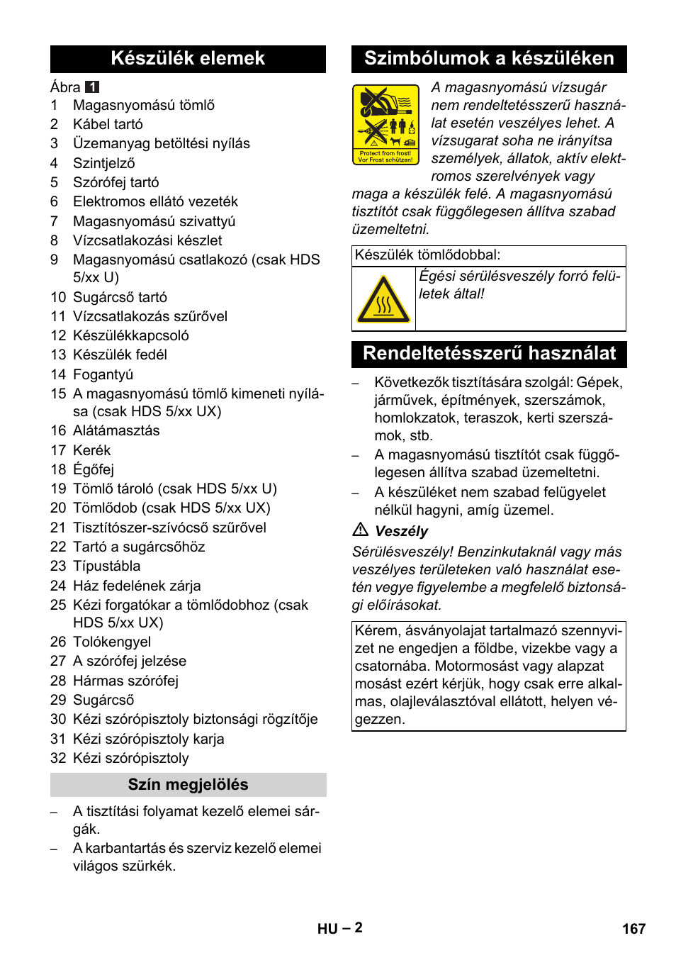 Készülék elemek, Szimbólumok a készüléken, Rendeltetésszerű használat | Karcher HDS 5-11 UX User Manual | Page 167 / 312