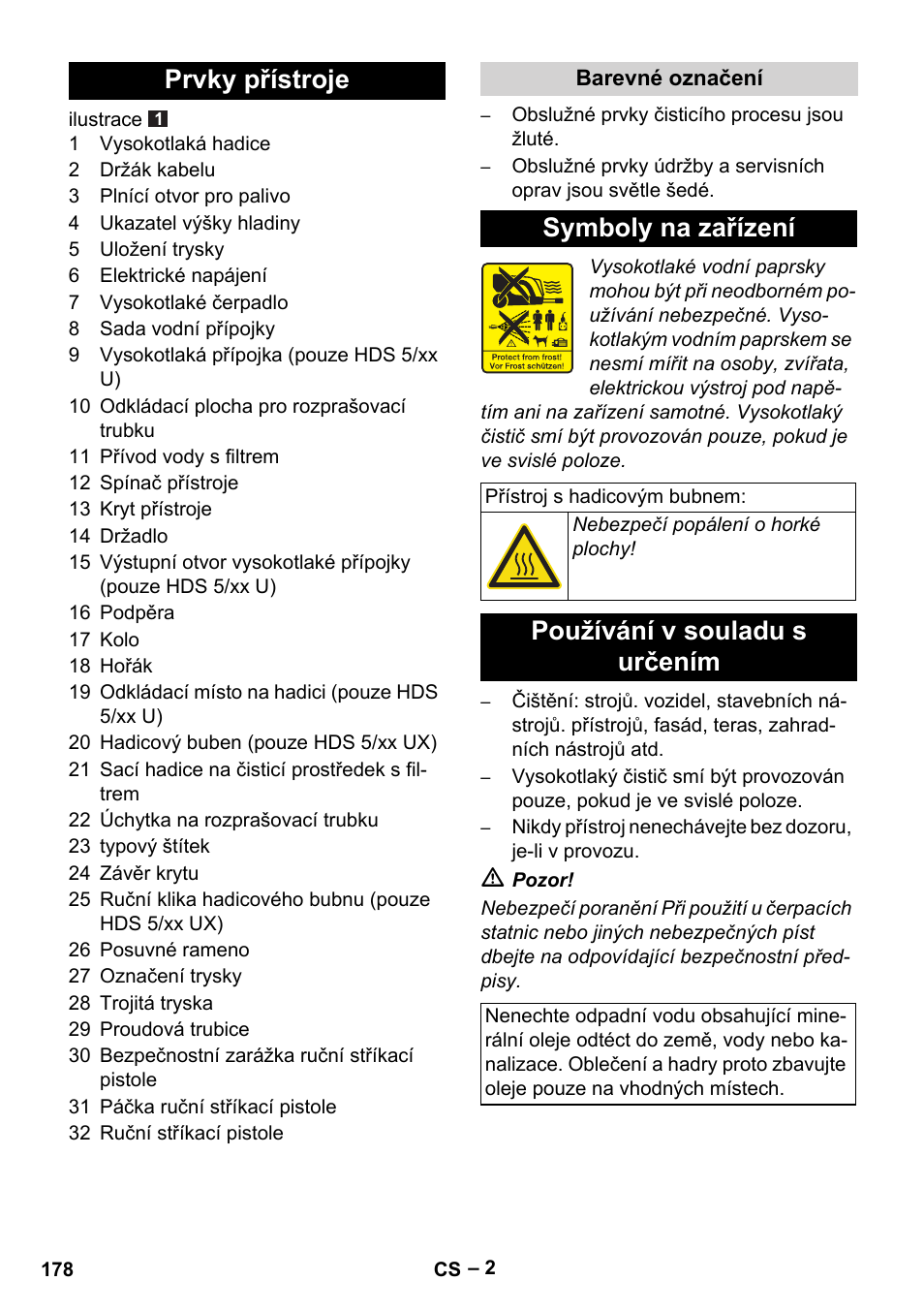 Prvky přístroje, Symboly na zařízení, Používání v souladu s určením | Karcher HDS 5-11 UX User Manual | Page 178 / 312