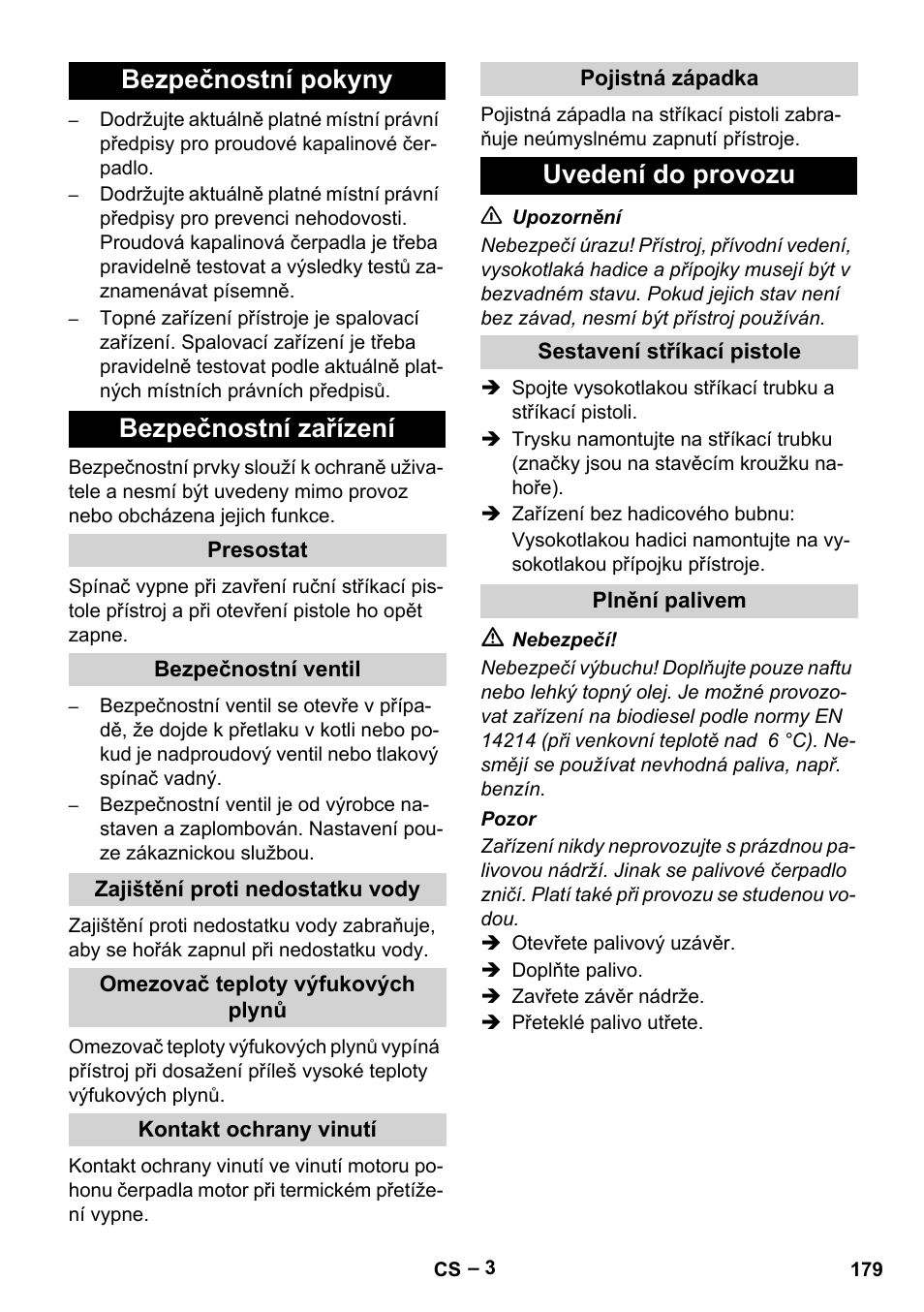 Bezpečnostní pokyny bezpečnostní zařízení, Uvedení do provozu | Karcher HDS 5-11 UX User Manual | Page 179 / 312