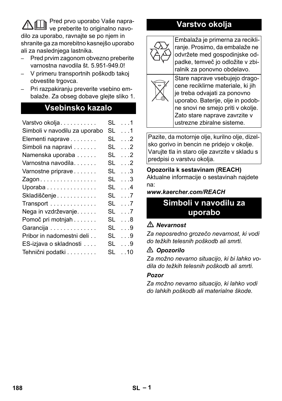 Slovenščina, Vsebinsko kazalo, Varstvo okolja | Simboli v navodilu za uporabo | Karcher HDS 5-11 UX User Manual | Page 188 / 312