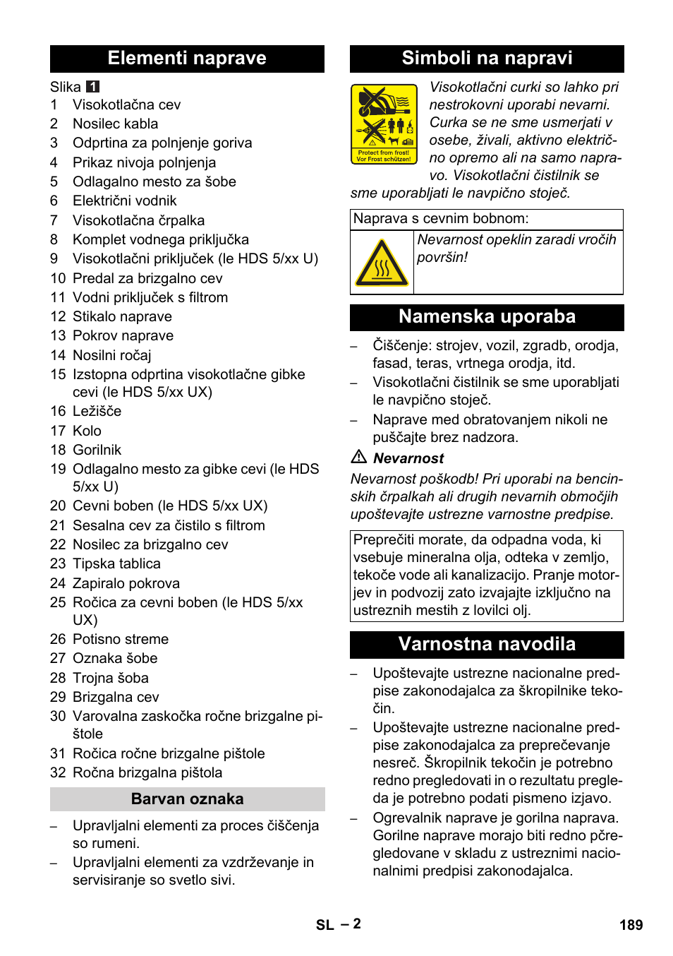 Elementi naprave, Simboli na napravi, Namenska uporaba | Varnostna navodila | Karcher HDS 5-11 UX User Manual | Page 189 / 312