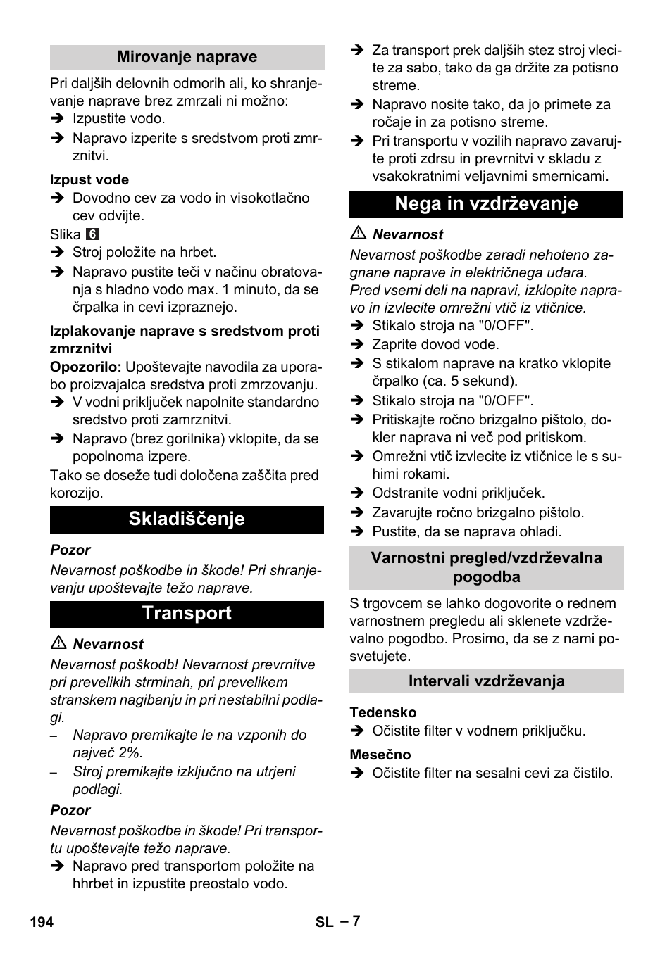 Skladiščenje transport nega in vzdrževanje | Karcher HDS 5-11 UX User Manual | Page 194 / 312