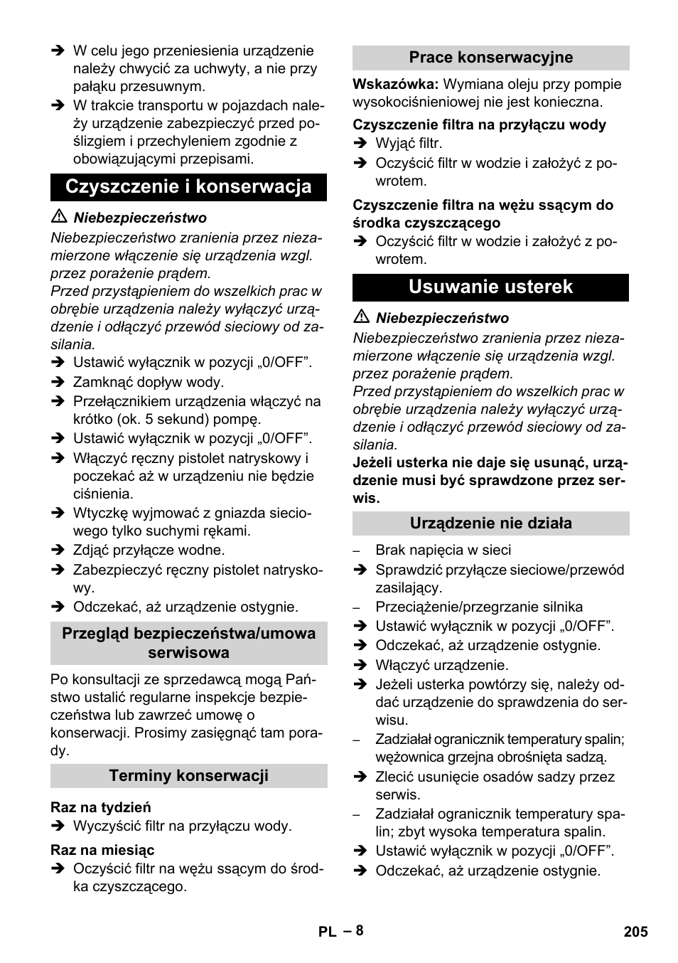 Czyszczenie i konserwacja, Usuwanie usterek | Karcher HDS 5-11 UX User Manual | Page 205 / 312