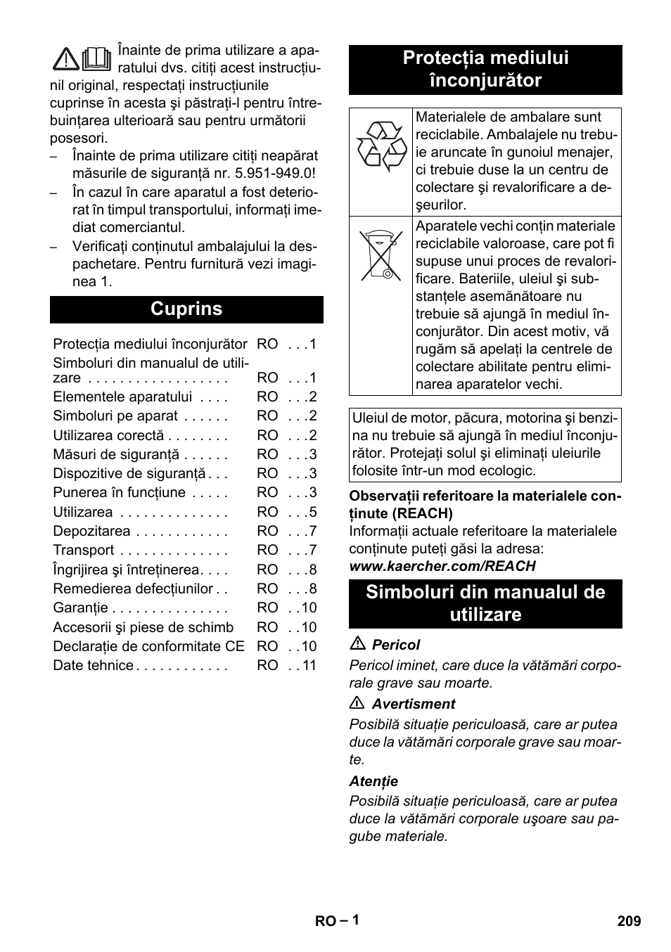 Româneşte, Cuprins, Protecţia mediului înconjurător | Simboluri din manualul de utilizare | Karcher HDS 5-11 UX User Manual | Page 209 / 312