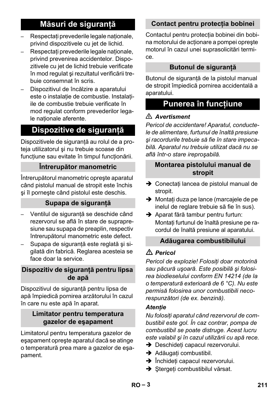 Măsuri de siguranţă dispozitive de siguranţă, Punerea în funcţiune | Karcher HDS 5-11 UX User Manual | Page 211 / 312