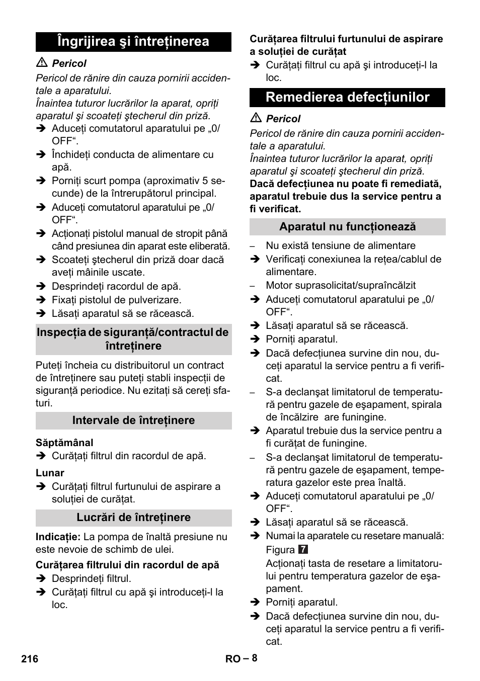 Îngrijirea şi întreţinerea, Remedierea defecţiunilor | Karcher HDS 5-11 UX User Manual | Page 216 / 312