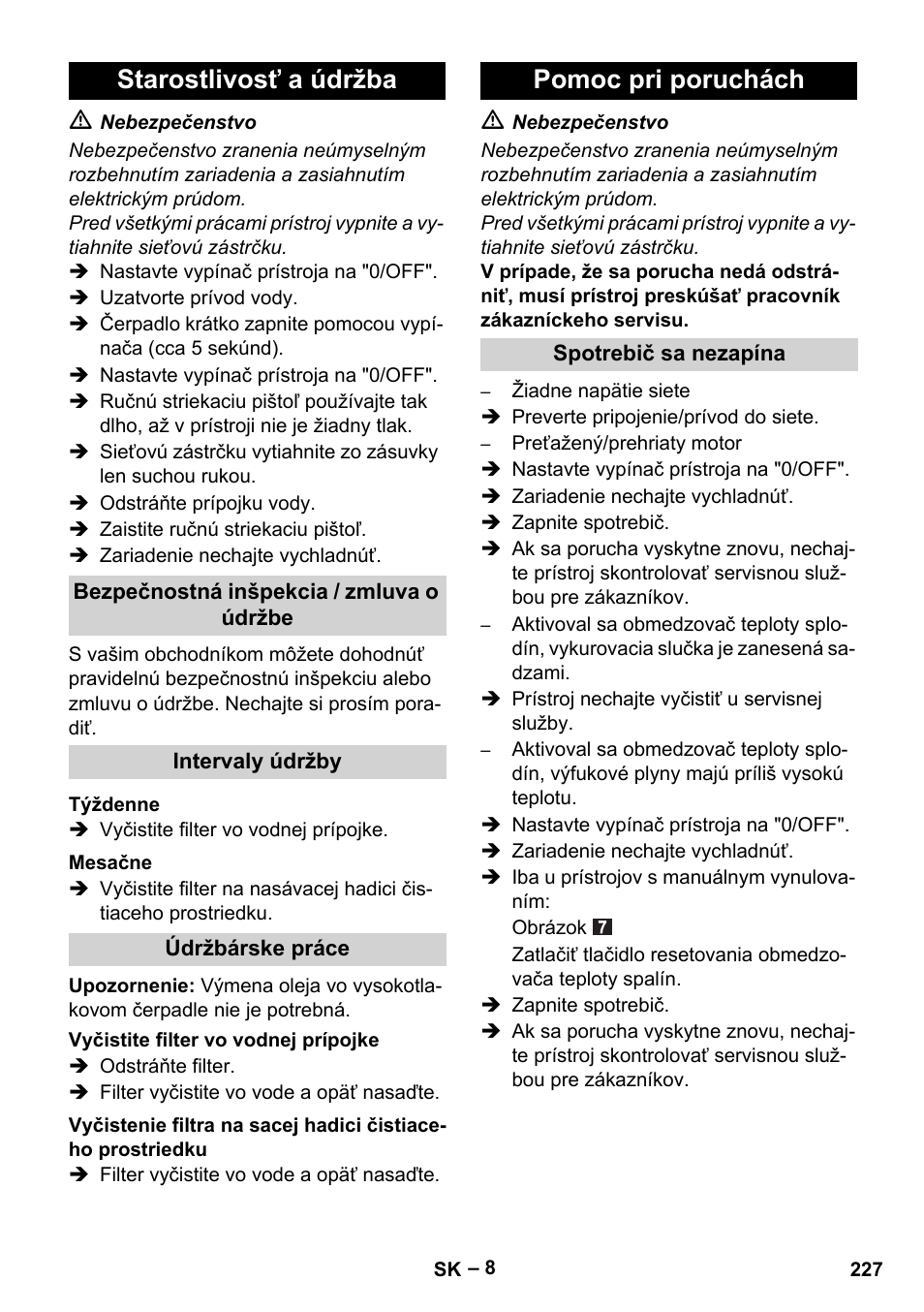 Starostlivosť a údržba, Pomoc pri poruchách | Karcher HDS 5-11 UX User Manual | Page 227 / 312