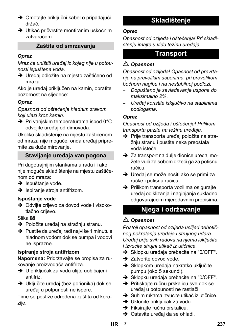 Skladištenje transport njega i održavanje | Karcher HDS 5-11 UX User Manual | Page 237 / 312