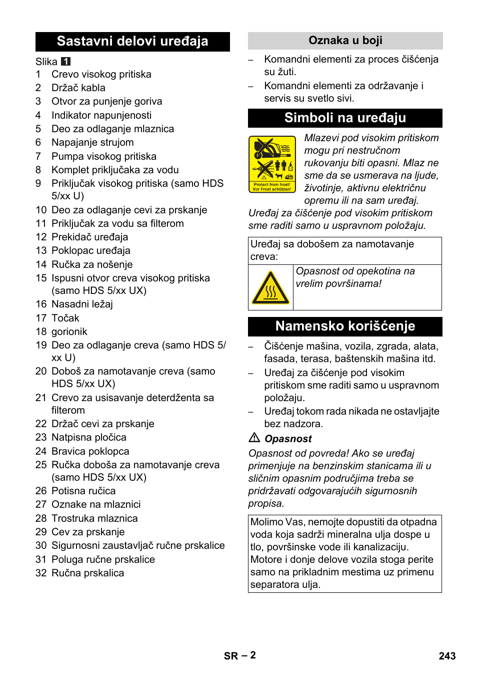 Sastavni delovi uređaja, Simboli na uređaju, Namensko korišćenje | Karcher HDS 5-11 UX User Manual | Page 243 / 312