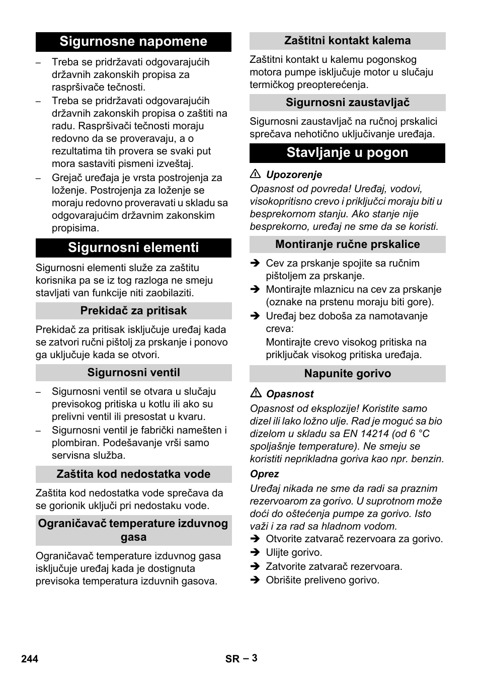 Sigurnosne napomene sigurnosni elementi, Stavljanje u pogon | Karcher HDS 5-11 UX User Manual | Page 244 / 312